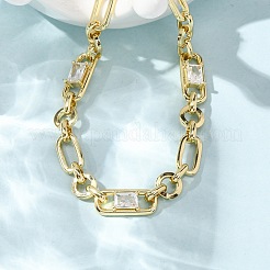 Ring & Paperclip Brass Micro Pave Cubic Zirconia Link Chain Bracelets for Women&nbsp;BJEW-D458-04G-02