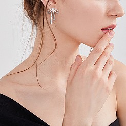 女性用蝶結び真鍮クリアキュービックジルコニアスタッドピアス1組  プラチナ  22x16mm&nbsp;EJEW-SZ0002-05P