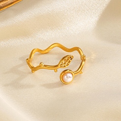 リーフステンレススチールオープンカフリング  女性用プラスチック模造真珠ジュエリー  ゴールドカラー  usサイズ8（18.1mm）&nbsp;PW-WGA710A-01