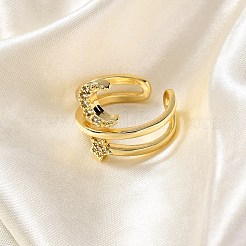 ラックメッキ真鍮マイクロパヴェクリアキュービックジルコニアカフ指輪女性用  カドミウムフリー＆鉛フリー  長持ちメッキ  月＆星  18KGP本金メッキ  18.5mm&nbsp;RJEW-M028-08G