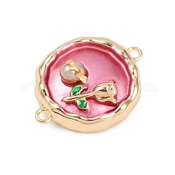 Brass Enamel & Natural Pearl Flat Round with Flower Connector Charms&nbsp;KK-K351-50G-01