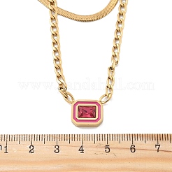 304ステンレススチールラインストーン長方形ペンダントダブルレイヤーネックレス女性用  18KGP本金メッキ  ローズ  15.39インチ（39.1cm）&nbsp;NJEW-Z070-01G-01