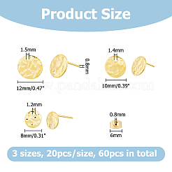60個 3スタイル 304ステンレススチールスタッドイヤリング  フラットラウンド  ゴールドカラー  8~12mm  穴：1.2~1.5mm  ピン：0.8mm  20個/スタイル&nbsp;STAS-HS0001-38