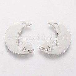 変色しない201ステンレススチールペンダント  猫とムーン  ステンレス鋼色  18.5x15x1.1mm  穴：1.5mm&nbsp;LS-STAS-S105-T486