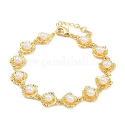 Brass & White Round ABS Plastic Pearl Shell Shape Link Chain Bracelets for Women&nbsp;BJEW-L707-03G