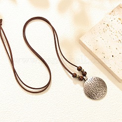 Boho Adjustable Wooden Bead Faux Leather Cord Vintage Alloy Flat Round Pendant Necklaces&nbsp;WGC4ABD-01