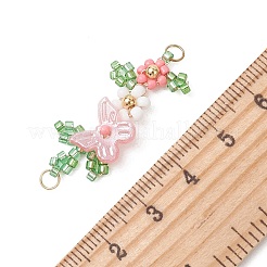 ABS樹脂製の模造パール蝶とガラスシードビーズの花のリンクコネクターチャーム  ゴールドカラー  ピンク  13.5x32.5x5mm  穴：3x2mm&nbsp;PALLOY-MZ01332-02