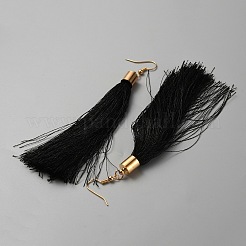 綿タッセルダングルピアス  女性のための金合金ジュエリー  ブラック  115mm  ピン：0.6mm&nbsp;EJEW-WH0012-045