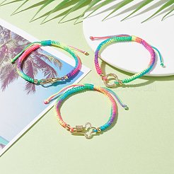 リング＆クロス＆カニカンシェイプブラスマイクロパヴェキュービックジルコニアリンクブレスレットセット  女の子の女性のためのカラフルなコード編組ブレスレット  ゴールドカラー  内径：2~3-1/4インチ（5~8.2cm）  3個/セット&nbsp;BJEW-JB07081