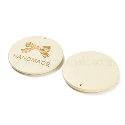 ウッドペンダント  フラットラウンド型で「手作り」の文字が入ったチャーム  ベージュ  39.5~40.5x5~5.5mm  穴：1.4mm&nbsp;WOOD-A028-03E