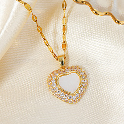 Elegant Heart-shaped Brass Clear Cubic Zircon Pendant Dapped Chain Necklaces for Women&nbsp;MS3018