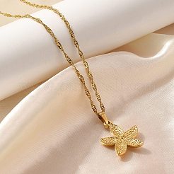 夏のビーチ 304 ステンレススチールペンダントロープチェーンネックレス 女性用  18KGP本金メッキ  ヒトデ  15.55インチ（39.5cm）  ペンダント：23.5x19mm。&nbsp;STAS-Z108-01G-01