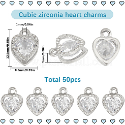 ハート合金チャーム50個  キュービックジルコニア付き  プラチナ  12x8.5x5mm  穴：1mm&nbsp;ZIRC-SC0001-32P