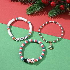 3 個 3 スタイルポリマークレイ Heishi サーファーストレッチブレスレットセット  クリスマスツリー合金エナメルチャームスタッカブルブレスレット雪だるまビーズ女性用  ミックスカラー  内径：2-1/8~2-1/4インチ（5.3~5.8cm）  1個/スタイル&nbsp;BJEW-TA00262