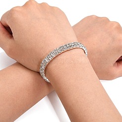 ガールフレンドの結婚式のダイヤモンドのブレスレットのバレンタインデーに贈り物  2行ストレッチラインストーンブレスレット  真鍮  銀色のメッキ  約7.5~8 mm幅  5センチ内径&nbsp;X-B115-2