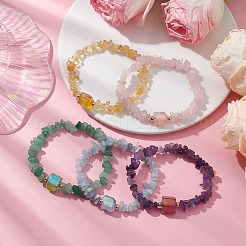 電気メッキ六角柱天然石クォーツチップビーズストレッチブレスレット女性用  ミックスカラー  内径：2-1/8インチ（5.5cm）&nbsp;BJEW-JB10756