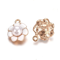 ライトゴールドメッキの合金エナメルペンダント  アクリル模造パール付き  花  ホワイト  20x16.5x8.5mm  穴：1.5mm&nbsp;PALLOY-TAC0011-03