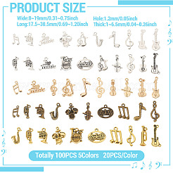 100 個 5 色のチベットスタイル合金ペンダント  音符  混合図形  17.5~30.5x8~19x1~6.5mm  穴：1.2mm  20個/カラー&nbsp;FIND-TA0006-71