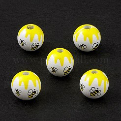印刷された天然木のヨーロッパのビーズ  大穴ビーズ  蜂模様のラウンド  きいろ  16mm  穴：4mm&nbsp;WOOD-C015-09B