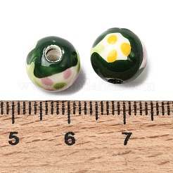 手作りの陶器ビーズ  手描き  花柄ラウンド  濃い緑  10mm  穴：2~2.5mm&nbsp;PORC-A034-02F