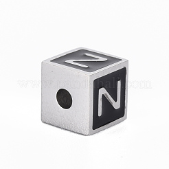 304ステンレススチールビーズ  エナメル  ピンク  文字付きのキューブ  ステンレス鋼色  a～zの文字  7x7x7mm  穴：2mm&nbsp;STAS-N087-43-03-P