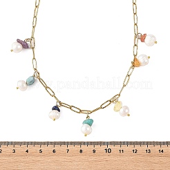 Natural Mixed Stone Chip and Pearl Tassel 304 Stainless Steel Paperclip Chain Necklaces for Women&nbsp;NJEW-JN06528-01