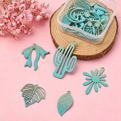 スプレー塗装合金チャーム 1 セット  花と葉と蝶結びとサボテンと月  ミディアムアクアマリン  21~44.5x15~33.5x1~2.5mm  穴：1.2~1.5mm  18個/セット&nbsp;FIND-YW0003-11D