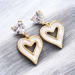 Heart Brass Micro Pave Clear Cubic Zirconia Dangle Stud Earrings&nbsp;KK-D363-12D-G