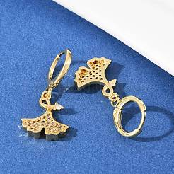Leaf Brass Micro Pave Clear Cubic Zirconia Hoop Earrings&nbsp;EJEW-B154-01G