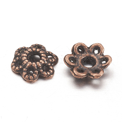 6 -petalチベットスタイル合金中空の花のビーズキャップ  カドミウムフリー＆ニッケルフリー＆鉛フリー  赤銅鉱  6x1.5mm  穴：2mm&nbsp;TIBE-S221-R-NR