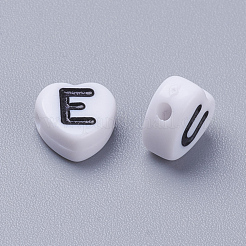 アクリル横穴レタービーズ  文字付きのハート  ホワイト  7x7x4mm  穴：1mm&nbsp;X-MACR-PB37C9679-2