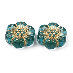透明なアクリルビーズ  ライン入り  花  ティール  13x12x4mm  穴：1.2mm&nbsp;TACR-CJC0002-02