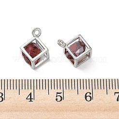 真鍮製マイクロパヴェキュービックジルコニアペンダント  長持ちメッキ  キューブチャーム  プラチナ  暗赤色  13x10x7mm  穴：1.5mm&nbsp;KK-A299-23P-05