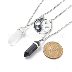 2Pcs 2 Style Natural Quartz Crystal & Black Obsidian Bullet Pendant Necklaces Set&nbsp;NJEW-JN03994-02