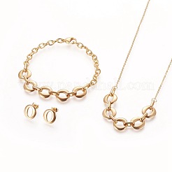 304ステンレススチールリンクブレスレット＆スタッドピアス＆ペンダントネックレスセット  カニカンとアズキチェーン付き  フラットラウンド  ミックスカラー  21.4インチ（54.5cm）  1.5mm  12.5x12x2mm  ピン：0.7mm  8-5/8インチ（22cm）&nbsp;SJEW-E335-03
