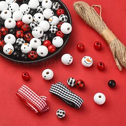 DIY クリスマス雪だるまペンダント装飾作成キット  染色された天然木ビーズを含む  ラウンド  ジュートストリング  ポリエステルリボン  美術工芸用  ミックスカラー&nbsp;DIY-YW0007-36