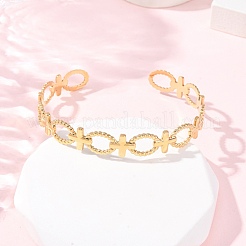 女性用304ステンレススチールカフバングル  クロス＆オーバル  イオンプレーティング（ip）  18KGP本金メッキ  3/8インチ（0.9cm）  内径：1-5/8x2-1/4インチ（4.2x5.7cm）&nbsp;BJEW-G749-02G