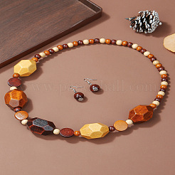 Wood Polygon & Round Beaded Necklaces & Dangle Earrings Sets for Women&nbsp;FS-WG70D3F-02