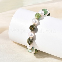 8MM Natural Green Line Jasper & Cultured Freshwater Pearl Round Beaded Stretch Bracelets for Women&nbsp;BJEW-JB14239