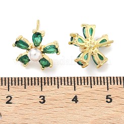 花の真鍮キュービックジルコニアスタッドピアス  absプラスチックパール  カドミウムフリー＆鉛フリー  長持ちメッキ  ラックめっき  18KGP本金メッキ  グリーン  13.5x14mm&nbsp;EJEW-P336-06G-07