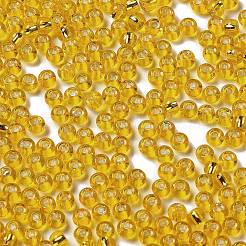 ガラスシードビーズ  銀並ぶ  丸い穴  ラウンド  ゴールド  4x3mm  穴：1.2mm  6429個/ポンド&nbsp;SEED-H002-C-A038