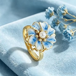 真鍮エナメル回転式指輪（女性用）  花  模造パールと  不安を落ち着かせる瞑想用フィジェットスピナーリング  ゴールドカラー  ライトブルー  15~20mm&nbsp;WG848BF-01