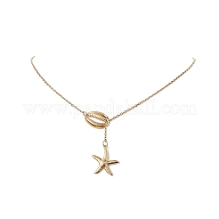 304ステンレススチールシェルとスターペンダントのラリアットネックレス、女性用  ゴールドカラー  19.37インチ（49.2cm）&nbsp;NJEW-JN04208-01