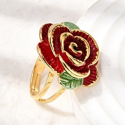 女性用304ステンレススチールエナメル指輪  花バラ  ゴールドカラー  暗赤色  24x27.5mm  18mm&nbsp;RJEW-G373-01G-02
