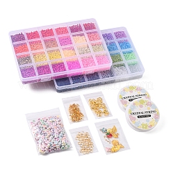 DIYレター＆シードビーズブレスレットキーチェーン作成キット  ガラスシードとアクリルハートビーズを含む  ダイヤモンド & 花 & ストロベリー合金ペンダント & クラスプ  ミックスカラー&nbsp;DIY-YW0005-44-0.7MM