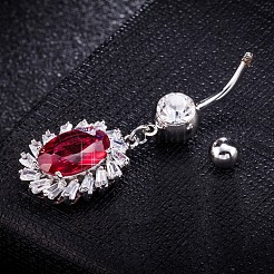 真鍮製キュービックジルコニアへそピアス  ベリーリング  304ステンレススチールバー付き  カドミウムフリー＆鉛フリー  オーバル  レッド  45mm  バー: 15 ゲージ (1.5mm)  バーの長さ: 3/8