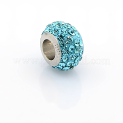 304ステンレススチールポリマークレイラインストーンヨーロピアンビーズ  大穴ロンデルビーズ  アクアマリン  12.5x8mm  穴：5mm&nbsp;CPDL-J015-03
