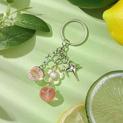 透明樹脂アクリルパーツキーホルダー  鉄キーリング付き  イチゴと花と桃  アンティークシルバー＆プラチナ  9.5cm&nbsp;KEYC-JKC00841