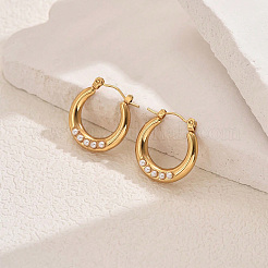 女性用304ステンレスフープピアス  プラスチックパール付き  18KGP本金メッキ  20x20mm&nbsp;KB5193