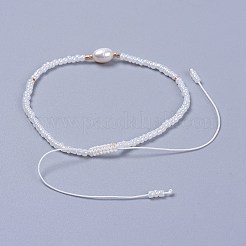 調整可能なナイロン糸編組ビーズブレスレット  ガラスシードビーズで、天然淡水パールを等級分け  ホワイト  2-1/8インチ（5.3cm）&nbsp;BJEW-JB04375-01